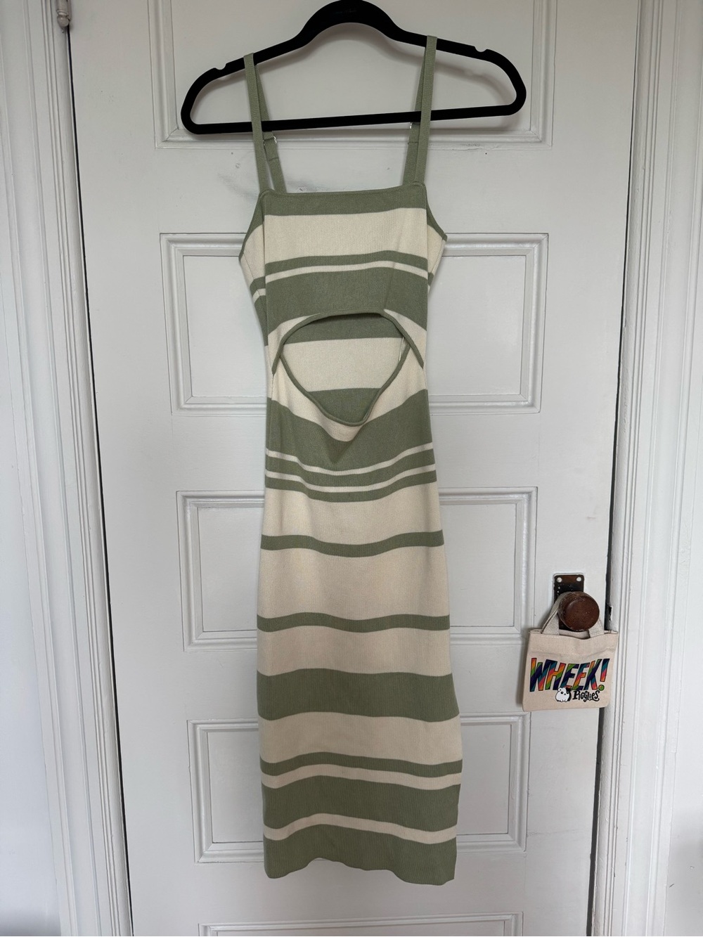 MABLE Olive & Cream Striped Cutout Midi Dress